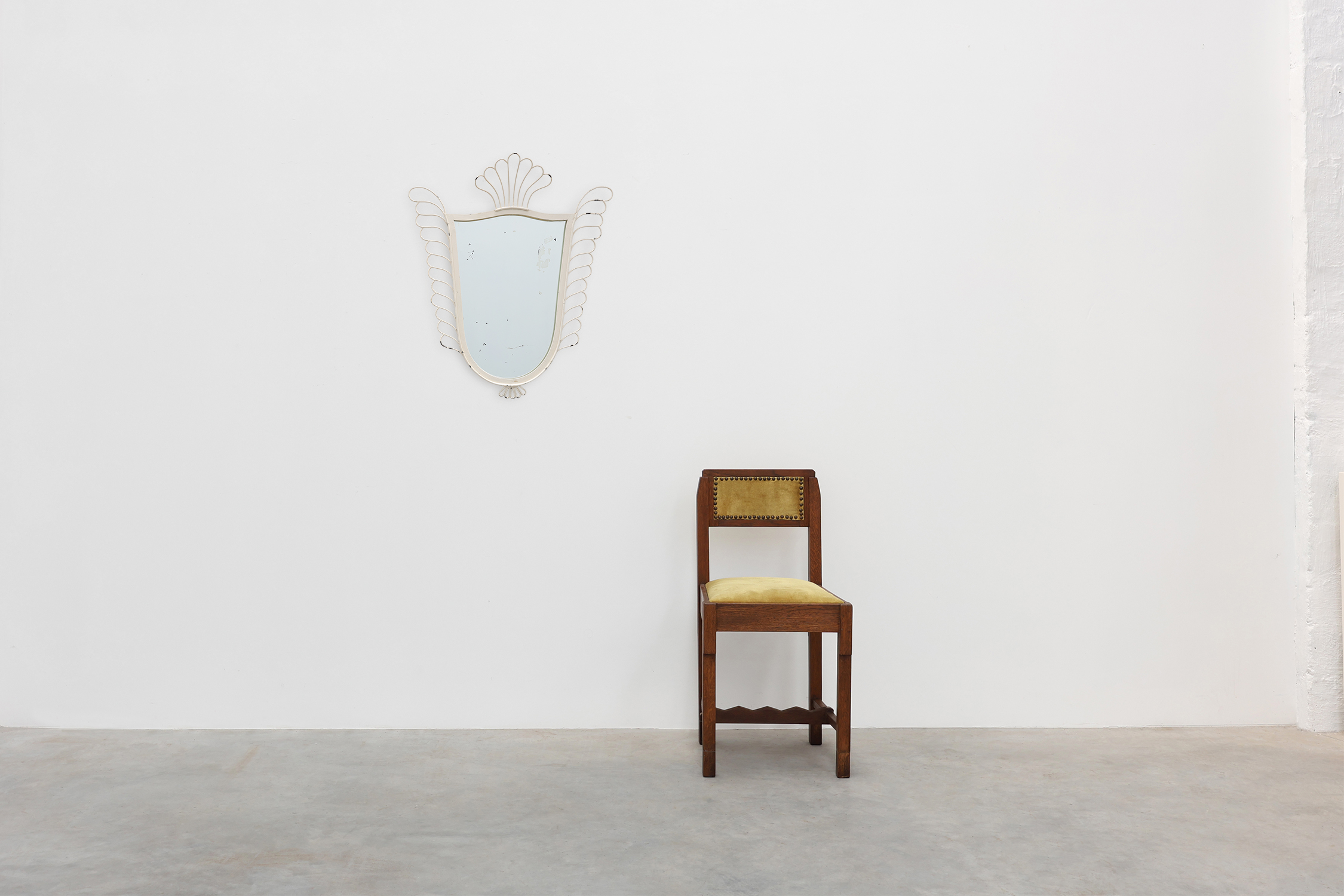 French White Lacquered Metal Mirror with Looped Wire Frame and Fan Crest, 1950sthumbnail